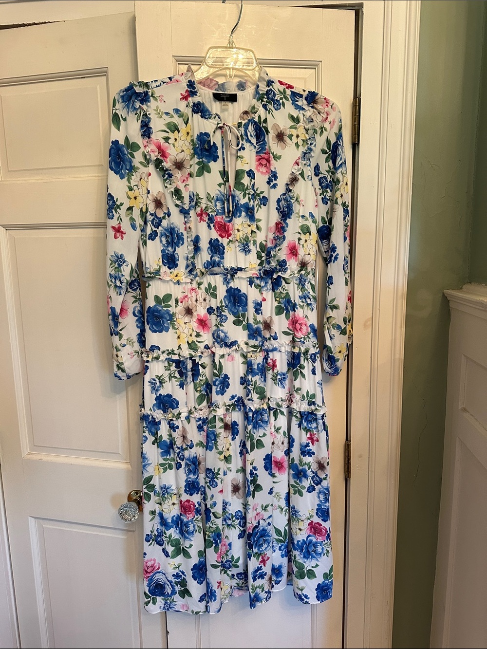 T Tahari White Floral Midi Dress with Blue and Pink Blooms